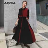 Frühling Koreanische Frauen Maxi Kleid Vintage Patchwork Button Up Drehen Unten Kragen Hemd Plus Größe Abnehmbare Schal Robe 210521