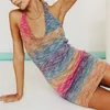 Tossy V-Neck Knitted Dress Tie-Dye Holiday Party Backless Beach Cover-Up Dress Bodycon Slim Sleeveless Summer Mini Sweater Dress Y0603