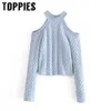 Toppies 새로운 패션 블루 니트 스웨터 여성 어깨 풀오버 봄 outwear 210412