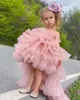 Mooie roze meisje optochtjurken juweel nek tutu prinses tule ruches tiered hoge lage lengte kinderen verjaardagsbloemmeisjes jurken baljurk