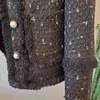 Vrouwen herfst winter bomberjack harajuku kleding oversized bovenkleding enkele breasted parel kwast zwart Tweed 210603