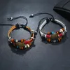 Vintage Mens Leather Alloy Bracelet Wood Stone Beads Charm Adjustable Multilayer Braided Men Bracelets Jewelry