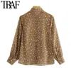 TRAF Women Fashion Semi-Sheer Metallic Draad Luipaard Blouses Vintage Lange Mouwen Button-Up Vrouwelijke Shirts Chique Tops 210415