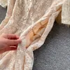 Sommer Damen Kleid Koreanische Elegante Blumenspitze Button-up V-Ausschnitt Kurzarm Hohe Taille A-Linie Party Mini ES 210603