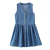 Tank Denim Mini Dress V Neck A-line Sleeveless Blue Button Pocket D2002 210514
