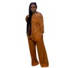One Shoulder Full Sleeve Loose Tshirt Top and Wide Leg Trouser Pant Two Piece Set Women Solid Casual Side Hight Split Clothing Y0702