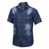 Denim Shirts Men 2022 Spring Summer Short Sleeve Vintage Casual Turndown Collar Buttons Shirt Male Blue HA154 Men's