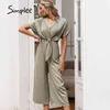 Solid High Waist Kortärmad V-Neck Casual Summer Women Wide Lege Loose Knotted Office Jumpsuit 210414