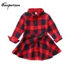 Fall Girls Princess Dress Long Sleeve Red Plaid Casual Dress with Belt Fashion Brand Kids Costume Clothes Children Vestidos 210715