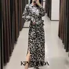 Women Chic Fashion With Belt Animal Print Midi Dress Vintage Long Sleeve Side Vents Hem Female Dresses Vestidos 210416