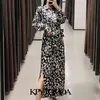 Frauen Chic Mode Mit Gürtel Animal Print Midi Kleid Vintage Langarm Seitenschlitze Saum Weibliche Kleider Vestidos 210416