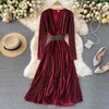 Autumn Winter Bling Glittering Bright Silk Printing Dress Female Velvet Temperament Mid-length Base Dresses UK568 210506