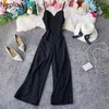 Korean Holiday Beach Style High Waist Hip Wide Leg Jumpsuits Sexy Strapless Off Shoulder Camis Playsuit Summer Bodysuit 210422