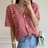 Korejpaa Women Sweater Summer Korean Chic Retro Temperament V-Neck Multi-Pocket Loose Button Short-Sleeved Knitted Cardigan 210526