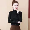 Thin Style Spring Autumn Lace Blouses Shirt Casual Long Sleeve Turtleneck Navy Black Wine red Blusas Tops DF3130 210609
