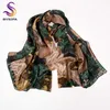 [Bysifa] varumärke blå grön silke halsduk sjal kvinnliga tillbehör vår höst blommönster 100% silke kvinnor långa halsdukar wraps q0828