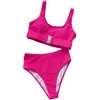 Damskie stroje kąpielowe Sexy Kobiety Bikini Zestaw Kostium Basen Moda Solidna Klamra Push-Up Wyściełana Wysoka Talia Swimsuit 2PC Kąpiel # 40