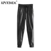 KPYTOMOA Women Fashion Side Pockets Faux Leather Jogging Pants Vintage High Elastic Waist Drawstring Female Ankle Trousers Mujer 210915