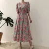 Moda de Verão Casual Mulheres Elegantes Imprimir O-Neck Puff Manga Curta Mulheres Vestidos Solto Casual Vestido Longo Vestidos 210531