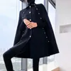 Czarny Cape Woolen Coat Kobiety Jesień Zima Średniej długości Luźny Szal Rocznika Płaszcz Wełniany 210924