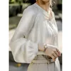 Sommar kvinnor satin långärmad elegant dam vintage vit silke blus skjorta 210415
