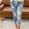 Pantalon crayon à lacets pour dames Mode Slim Femmes Ripped Skinny Jeans Denim Pantalons Leggings Bleu D30 211129