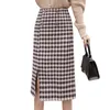 Autumn Winter Woolen Vintage Plaid Women Wrap Skirt Buttons Office Ladies High Waist Split Elegant Midi Skirts 210428