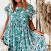 Foridol casual floral print zomerjurk ruche boho losse extra grote korte jurk o hals zwarte chiffon jurk kleding vrouwen 210415