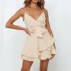 Foridol Sexy Spaghetti Strap Wrap Dress Kvinnor Sash Ruffle Beach Sommar Boho Kort Sundress Baklösa 210415