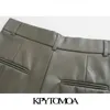 Kobiety Chic Moda Faux Skórzana Plisowane Szorty Wysokiej Talii Zipper Fly Side Kieszenie Kobiet Krótkie spodnie Mujer 210420