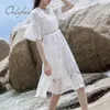 Verão Mulheres Vestido Sundress Manga Curta Crochet Sexy Branco Lace Túnica Praia 210415
