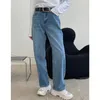 Jasnoniebieski przycisk pełnej długości mucha wysoka talia luźne szerokie spodnie nóg Y2K ubrania Mall Goth Casual Style Spring GX355 210421