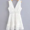 Sweet Girls Soft Cotton V Neck Dress Summer Fashion Ladies Office Women Solid Color Fringed High Waist Mini 210515