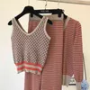 Elegant Fashion Stripe Knitted 3 Piece Sets Women Style Long Sleeve Cardigan+Vest+Wide Leg Pants Autumn Knit Suit 211105
