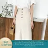 Knä längd kjol en linje för kvinnor khaki hög midja knapp kvinnlig bomull vintage sommar s 210428