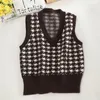 Fashion College-Style Knitted Vest Sweater women Autumn V-neck Houndstooth Front Short Long Back Sleeveless Vest Sweaters 210514