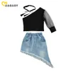 1-6Y Fashion Kid Girl Vêtements Set Une épaule T-shirt Tops Denim Jupes Tenues Costumes d'été pour enfants 210515