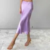 New Ladies Skirt Satin Light Purple Long High Waist Bag Hip A-line Over The Knee Elegant 210419