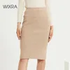 Wixra Womens Knitted Straight Skirts Solid Basic Ladies High Waist Knee-length Skirt Streetwear Autumn Winter 210730