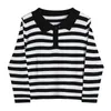 Striped Polo Collar T Shirt Tops Women Long Sleeve Korean Ins Vintage Streetwear OL Tees Female Spring Loose Casual Tops 210417