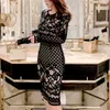 Black lace Dress for women Korea Long Sleeve Crew Neck Cotton Ladies formal Sexy night club Party Dresses 210602