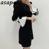 Temperamento Chic Coreia magro A-Linha Plissada Manga Flared Dress Mulheres Colarinho Único Padrão Preto Vestidos Mujer 210610