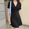 Korejpaa Kobiety Sukienka Lato Koreański Elegancki Wystrój Temperament Collar Obrotowy Talia Cienka Rękaw Puffowy Vestidos 210526