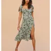 Vintage Green Floral Print Slip Kleid Frauen Sommer Elegante Schlanke Träger Mini Frau Elastische Taille Split Saum Vestidos 210430