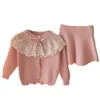 Humor Bär Herbst Winter Kinder Pullover Set Mädchen Spitze Einfarbig Lange Pullover + Kurzen Rock 2PCS Mädchen Kleidung anzug 86 Y2