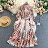 LY VAREY LIN Spring Women Bohemian A-line Dresses with Belt Casual Print Long Sleeve Turn-down Collar Dress Lady 210526