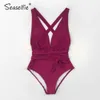 Sexy Sexy Effen Rood Diepe V-hals Zwempak Dames Backless Lace Up Monokini Summer Beach Badpak Badmode 210702