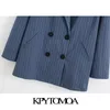 Kvinnor Mode Office Wear Double Breasted Striped Blazer Coat Vintage Långärmad Loose Kvinna Ytterkläder Chic Toppar 210416