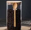 Récipient de stockage de grains de café de bocal scellé en verre carré de cuisine avec une cuillère en bois assaisonnement bouteille organisateur de conservation de la fraîcheur