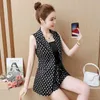 S-XL 3 sztuka Zestaw z pasem Kobiety Letnie Paski Polka Dots Houndstooth Moda Dres Bez Rękawów Cardigan Kamizelki Spodenki 210513